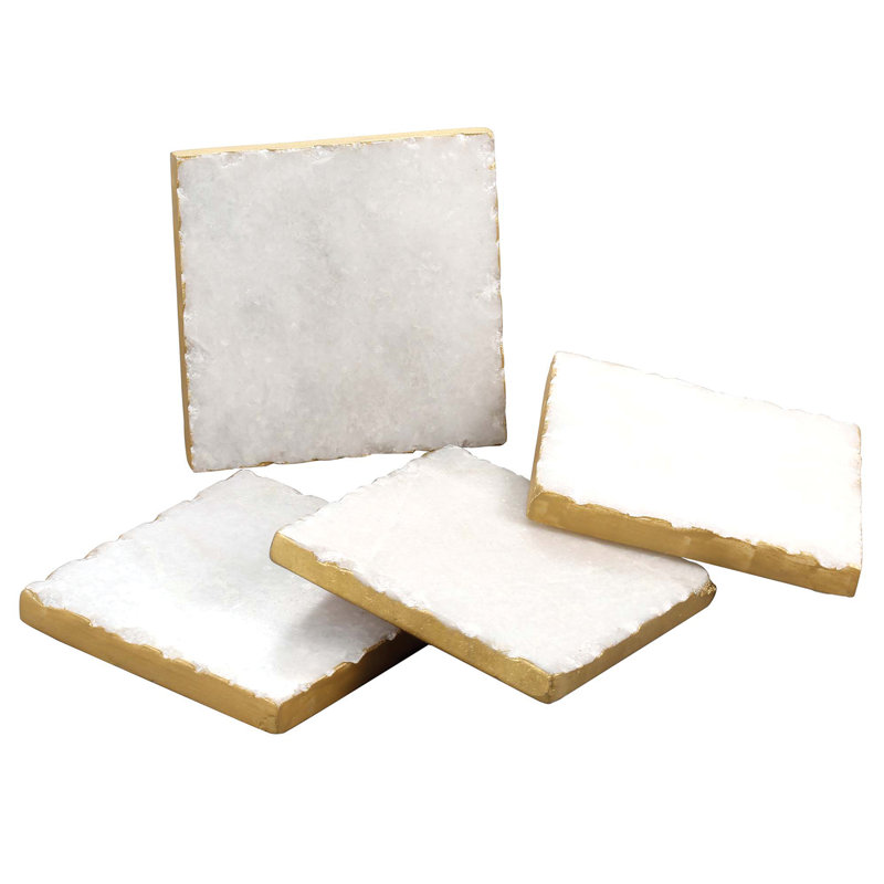 Providence Natural White Marble Coasters with Edges, Gold