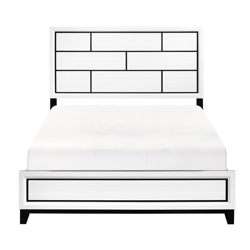 Grand lit moderne en bois blanc, décor de lignes noires, lit d'ameublement pour chambre à coucher, bois, détails de conception