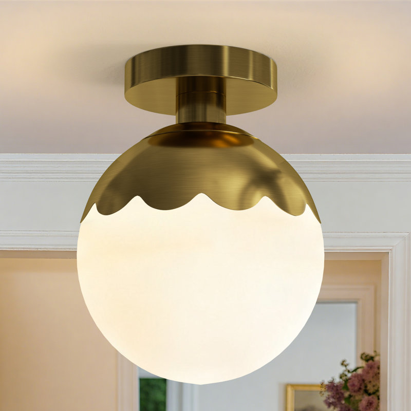 7.87" W 1-Light Globe Semi Flush Mount, Brushed Brass