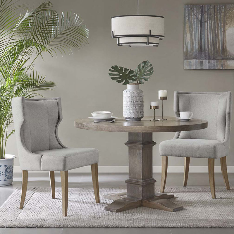 Chaise de salle à manger rembourrée en polyester avec dossier à oreilles rembourré, pieds en bois, Naturel, Gris clair