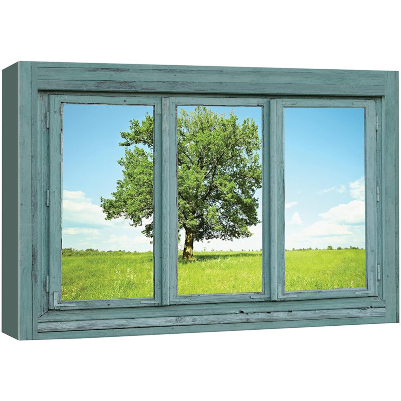 «Window View of Green Field with Lone Tree Nature Images Modern Art Rustic Scenic Ultra» sur toile, H 24 po x l 36 po