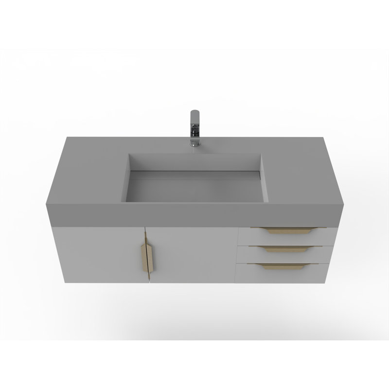 Meuble-lavabo mural simple 48 po avec comptoir à surface solide - base grise, plateau gris, poignées dorées, gris, Gris, Doré