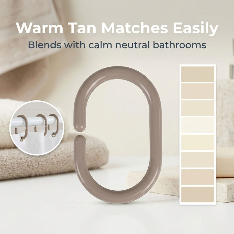 Solid Plastic Shower Curtain Hooks Rings, Taupe