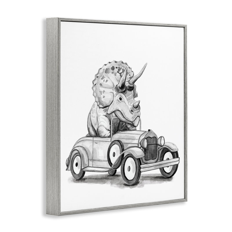 Tricératops dans un véhicule rétro, estampe numérique, design par Rachel Nieman, H 20 po x l 16 po