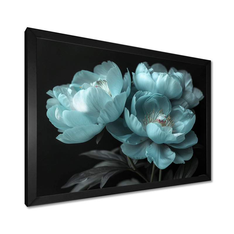 «Blue Monochon pivoines Natures Nuance II», impression d'art mural pivoines, Cadre noir, H 12 po x l 20 po