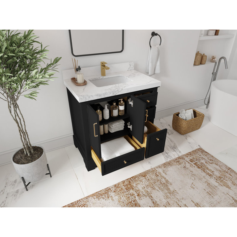 Meuble-lavabo simple 36 po avec plateau en quartz Alys, Carrara Quartz