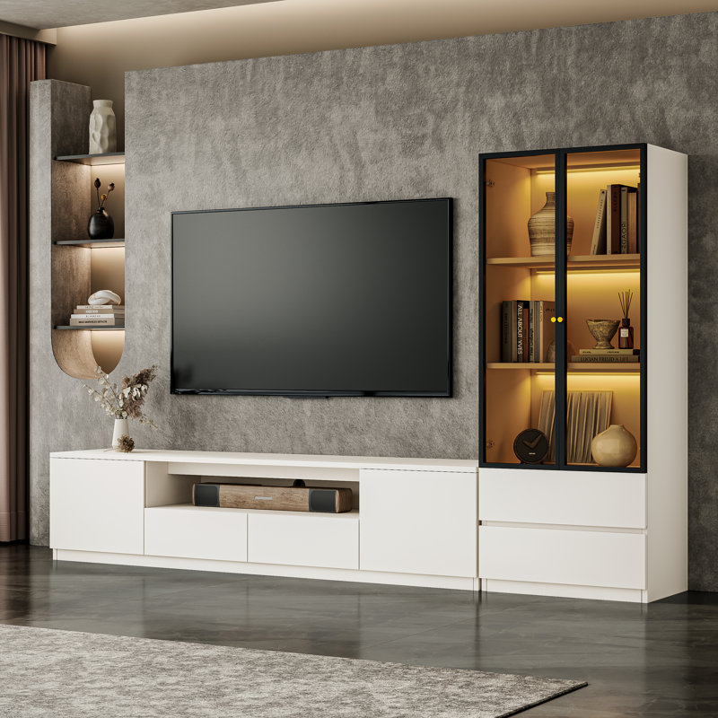 Crafton Modern 102.4'' White Entertainment Center TV Stand With Bookshelves For 55/58/65/75 Inch TV, Wood Storage Living Room Cabinet Set Includes Media Console Table And Lights Glass Display China Shelves
