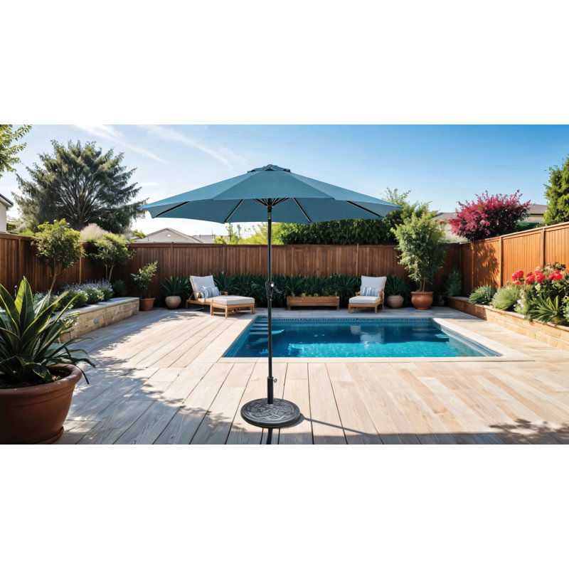 Parasol d'extérieur + base ronde 21 po, Bleu, H 94 po x l 108 po x P 108 po