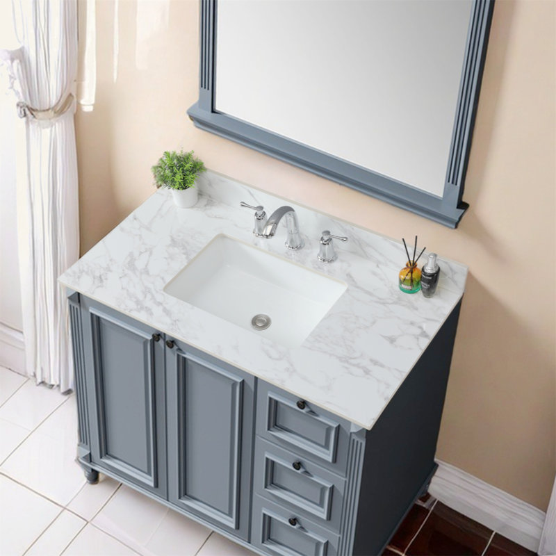 43"X22" Bathroom Vanity Top, Sintered Stone Carra White Barthroom Vanity Sink Tops with Rectangular Undermount Ceramic Sink with Vanity Backsplash, Single/Three Faucet Hole Bathroom Vanity Countertop