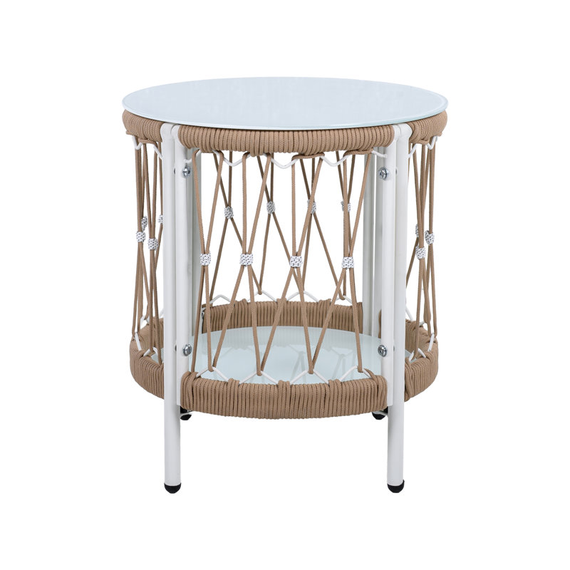 Finnerty Patio Woven Rope Side Table With Glass Top & Shelf