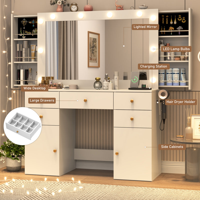 Makeup Vanity Table with Lighted Mirror, Tempered-glass Top, and Quick Charging Socket, White