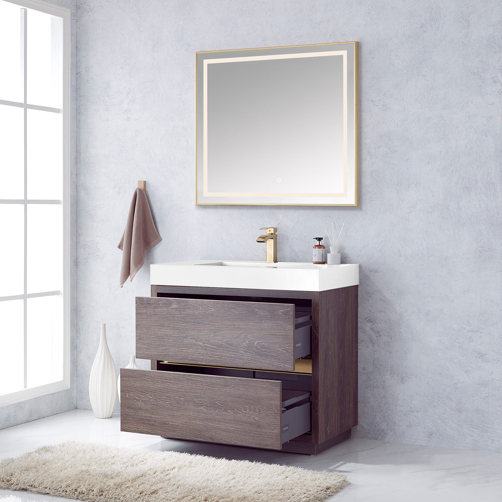 Beira Single Bathroom Vanity, North Carolina Oak, 36", White