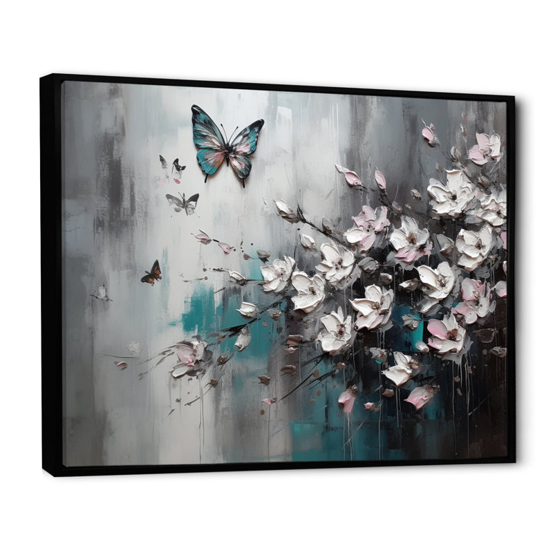 «Royka Flowers With Butterflies», peinture V sur toile, Cadre flottant noir, H 24 po x l 32 po x P 1 po