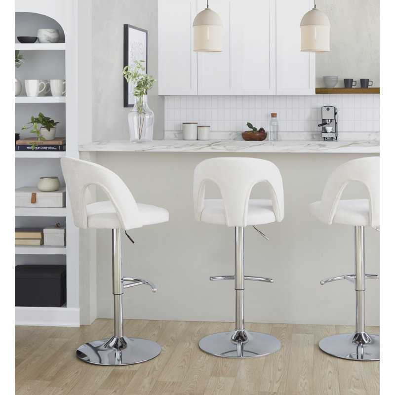 Ensemble de 2 tabourets de bar réglables Ava, Tissu blanc neige, Chrome chrome