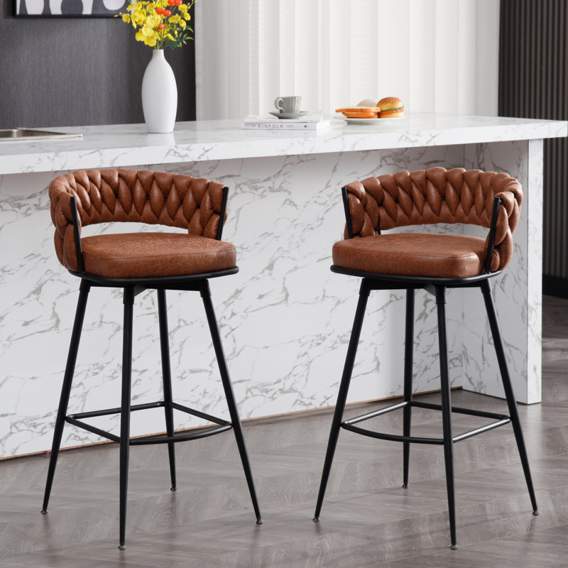 Kymberlynn Swivel Upholstered Low Back Bar & Counter Stool With Metal Frame, Whiskey Brown, Counter Stool (26.6” Seat Height)