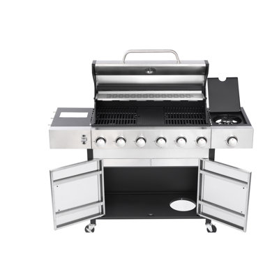 Barbecue au propane à 6 brûleurs avec avantage latéral, foyer en émail résistant à l'usure, 2 verrous verrouillables non verrouillables de 3 pouces, allumage intégré par bouton-poussoir, panneau de commande en acier inoxydable no 430, 65910