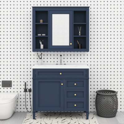 Meuble-lavabo de 36 po avec lavabo supérieur, armoire de rangement moderne avec miroir et armoire à miroir avec 6 tablettes ouvertes