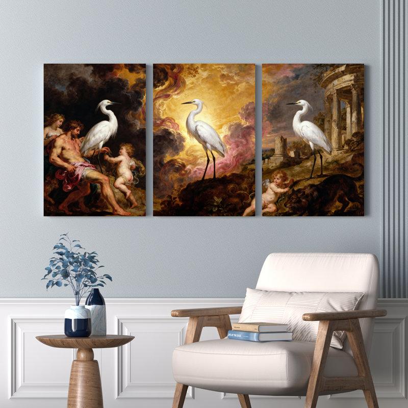 Ensemble de 3 tableaux sur toile tendue représentant une scène mythologique avec des hérons blancs et des personnages classiques