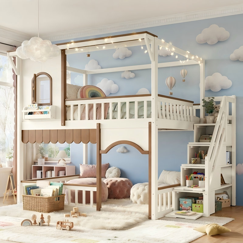 Lit superposé double au-dessus de double avec escalier de rangement, lit convertible avec bibliothèque et fenêtre, Brown