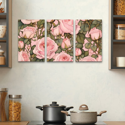 3 Panel Wall Art Set - Tina Lavoie 'Katie's Pink Castilian Rose Garden' Canvas Wall Art for Living Room, Bedroom, or Office Decor by 