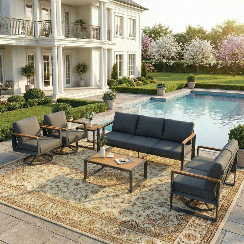 Aluminum Outdoor Patio Furniture Set 6 Pieces, 2 Swivel Rocking Chairs, 3-Seater Bench, 2-Seater Bench, Coffee Table & Side Table, Patio Sectional Conversation Furniture Set With Thick Cushions