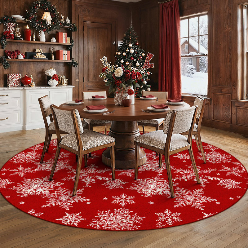 Tapis de Noël lavable Chamora avec motif classique rouge et flocon de neige, Rond 5 pi