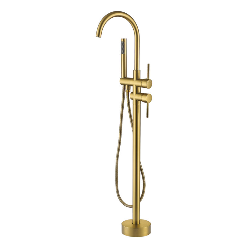 Double Handle Floor Mounted Tub Filler With Handshower, Brushed Brass