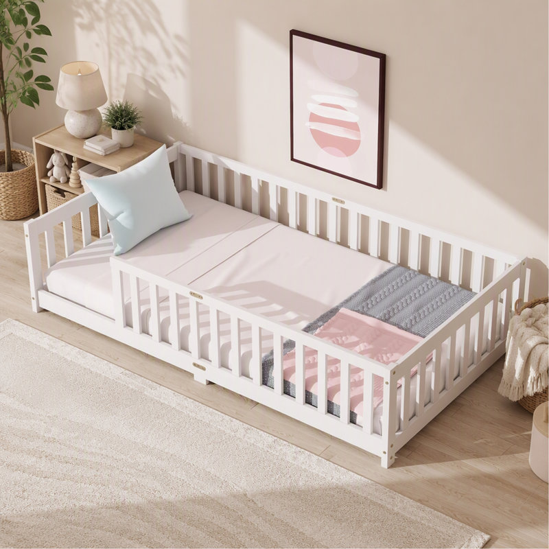 Twin Size Floor Bed with Fence without Door, Rubber Wood Floor Bed with Safety Guardrails,White