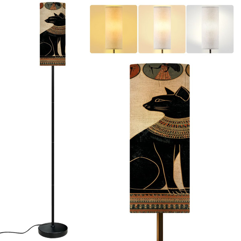  68.5" Standing Floor Lamp Ancient Egypt Black cats sacred Egyptian frame Dimmable Metal Pole Lamp with Linen Lampshade LED Bulb Included