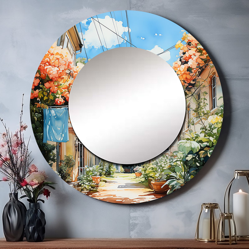 Shareeka Laundry Day In Province III - Laundry Decorative Mirror, Orange Round Wall Mirror, Printed Metal Art, 29" x 29"