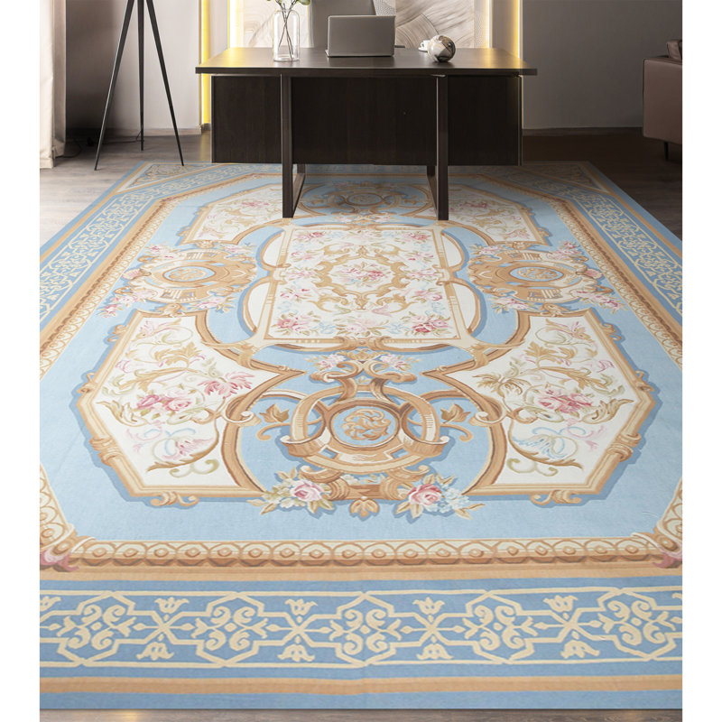 Tapis bleu et beige noué à la main de haute qualité