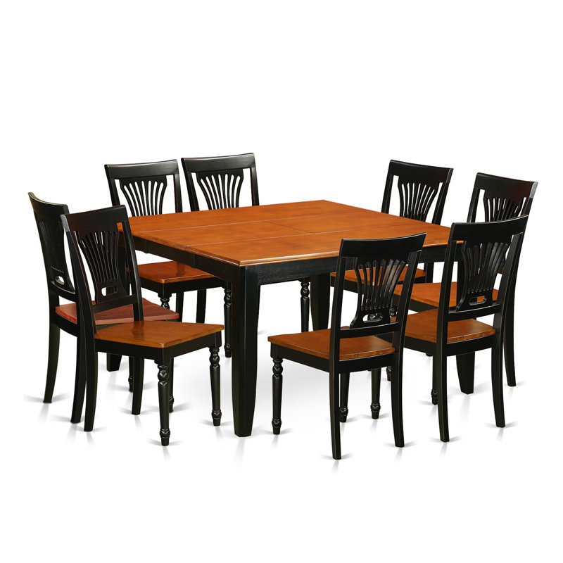 Ensemble de salle à manger 9 pièces comprenant une table carrée avec rallonge papillon et 8 chaises en bois, 137 x 137 cm, noir et cerisier