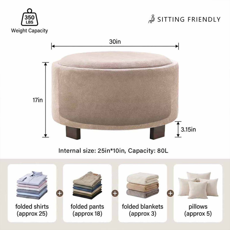 30" W Upholstered Round Storage Ottoman Coffee Table with Wood Legs, Brown