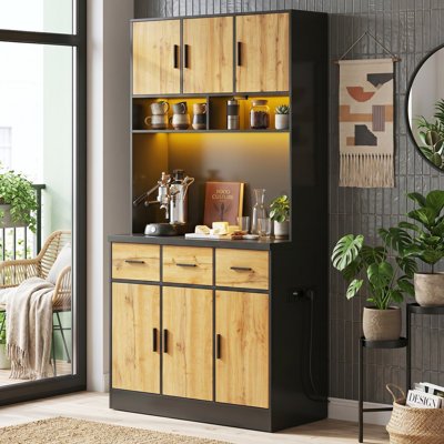 100cm W Large Freestanding Kitchen Cabinet & Microwave Stand with App-Controlled LED & Sockets, Multi-Tier Drawer Pantry Cupboard, Modern Wood