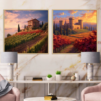Magnifique château au coucher du soleil dans un vignoble italien - ensemble de 2 carrés de style campagnard