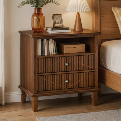 Wood Nightstand with Charging Station, 2 Drawers & Open Shelf, Farmhouse Bedside Table with USB, Type-C & AC Outlets