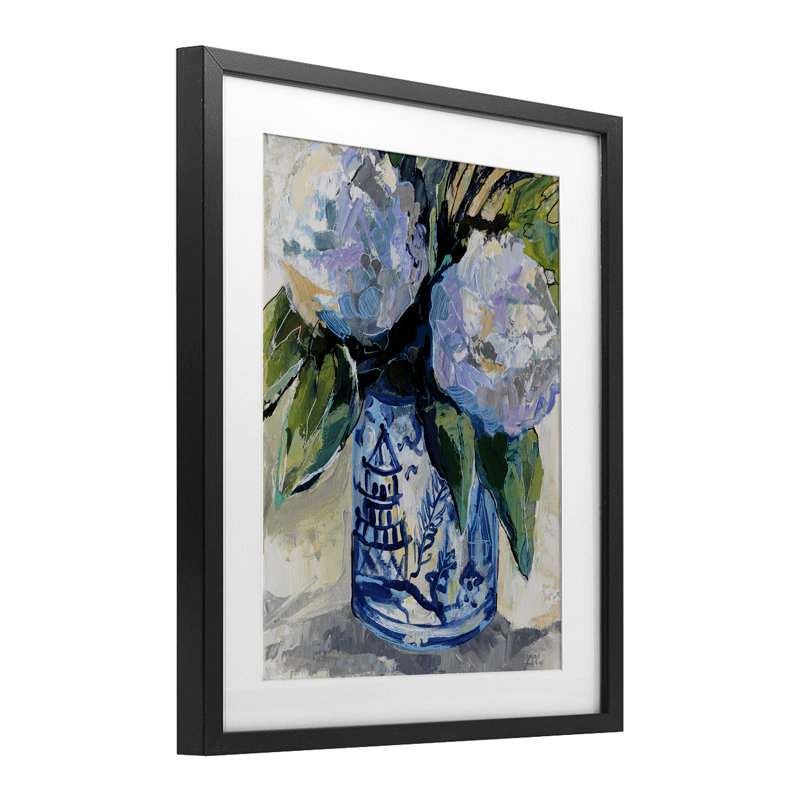 «August Blooms in Vase», reproduction encadrée sous verre, conception de Jeanette Vertentes, Cadre noir minuit