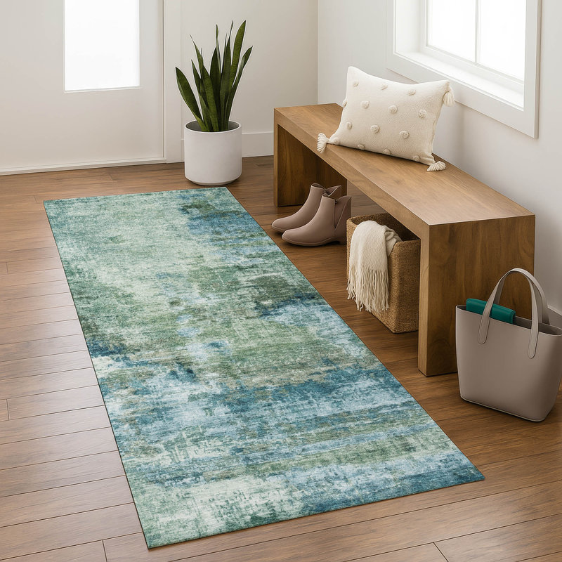 Premium Machine Washable Mayfield AMF2300 Abstract Rug, 2'3" x 7'6" Runner, Teal