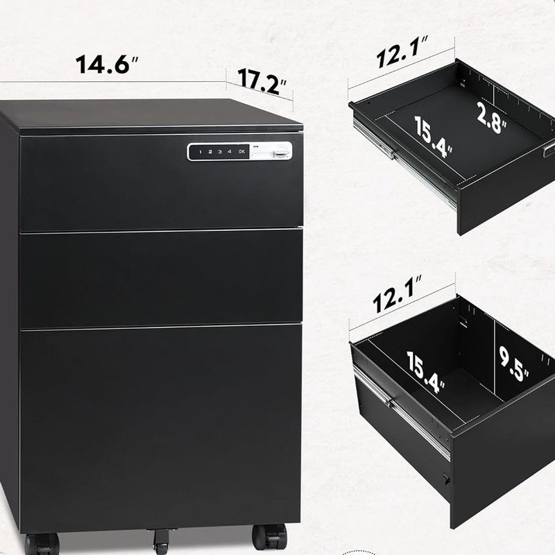 3 Drawer File Cabinet with Combination Lock, Fully Assembled Metal Filling Cabinet Except Wheels, Black