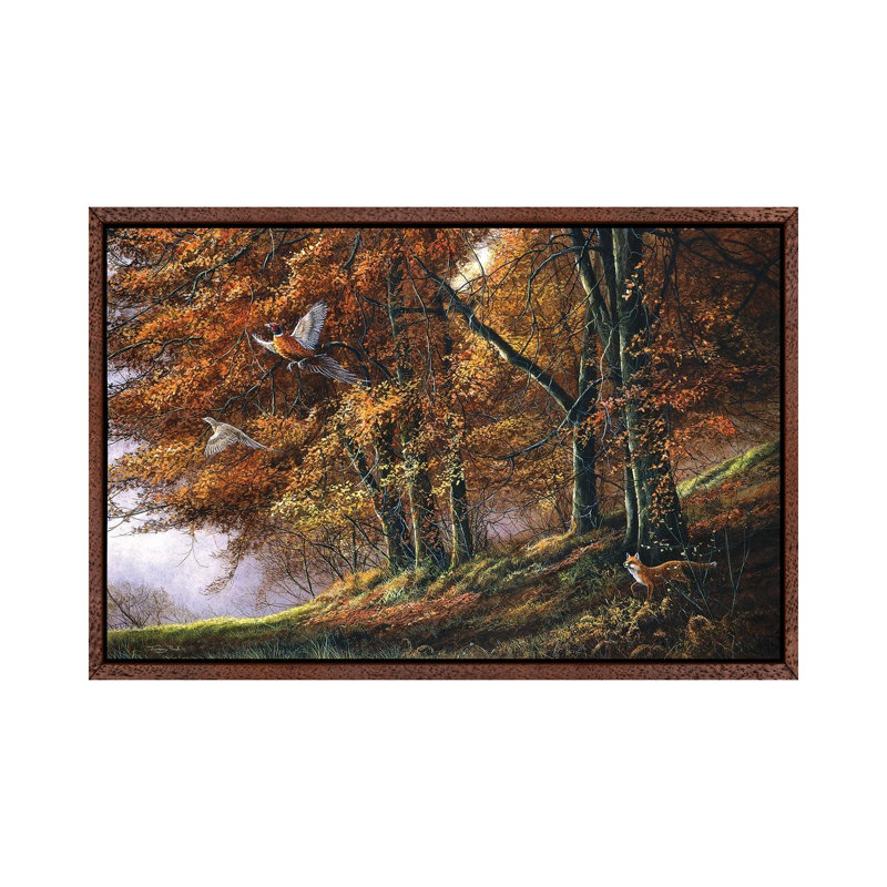 Autumn - Fox And Pheasants by Jeremy Paul - Painting on Canvas, Classic Brown Wood Framed, 66.04cm H x 101.6cm W x 3.81cm D