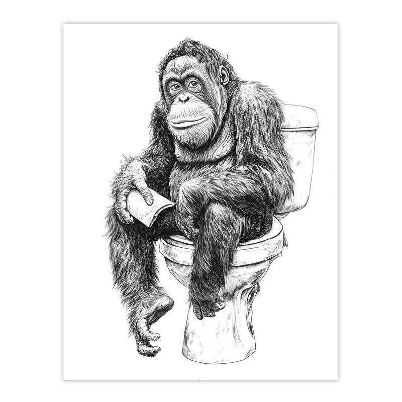 Orangutan Ape On Toilet Funny White Drawing Wall Art Print