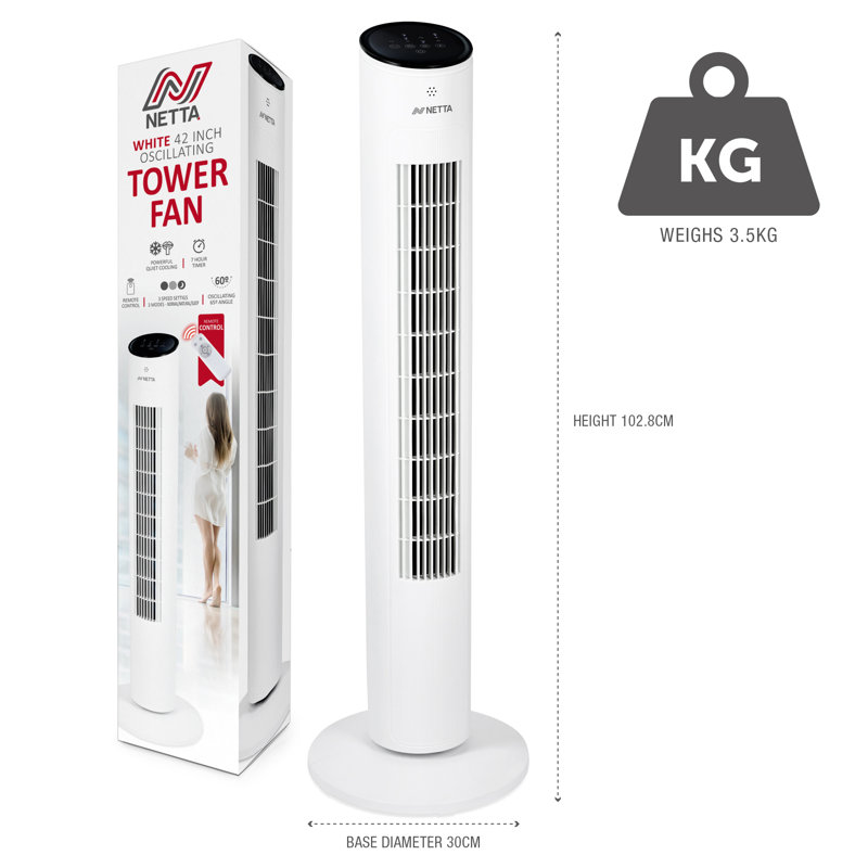 NETTA 42″ Tower Fan with Remote Control, 3 Speeds, 3 Wind Modes, Oscillation & Timer, White