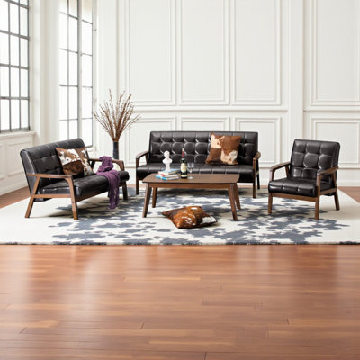 Ensemble de salon en similicuir 3 pièces, finition bois brun, H 30,59 po x l 63,62 po x P 26,94 po