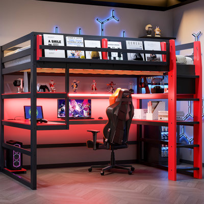 Red Full Size Wood Loft Bed With Desk, Multi - Storage And , For A Persistent Gaming Setup An Elegant