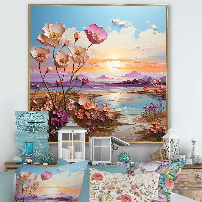 «Pink Poppies Mountain Field» sur toile, Cadre flottant doré, 36" H x 36" W