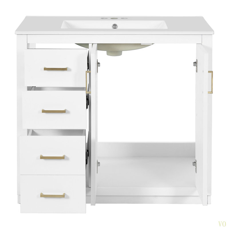 Ensemble de meuble-lavabo 36 po avec lavabo en céramique, armoire de rangement en bois massif, ensemble de meuble-lavabo autoportant avec 3 tiroirs à fermeture en douceur