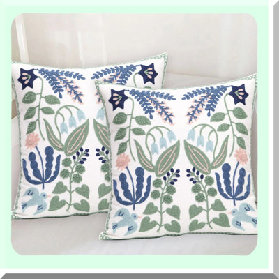 Floral Bird Embroidered Pillowcase Set - Farmhouse Decorative Throw Pillow Cover for Living Room Sofa Bed - Pack of 2 Flower Cushion Cover
