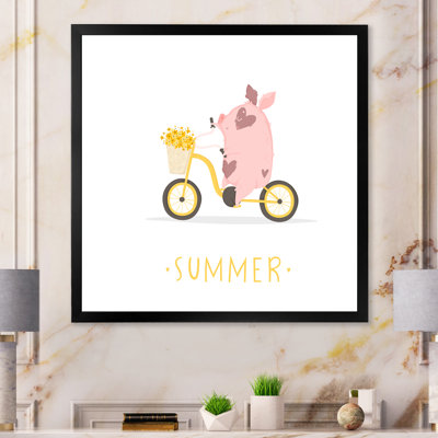 Petit cochon sur une bicyclette d'été - reproduction d'art sur toile pour enfants