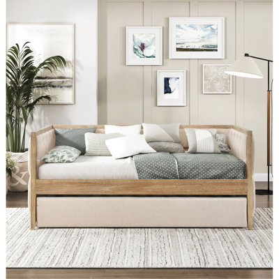 Lit de jour moderne avec boucle gigogne beige, conception transitionnelle, finition naturelle brossée au fil métallique, taille simple pour le confort de la chambre à coucher et configuration du sommeil, tissu de style 1pc, sans sommier, arrangement de lit