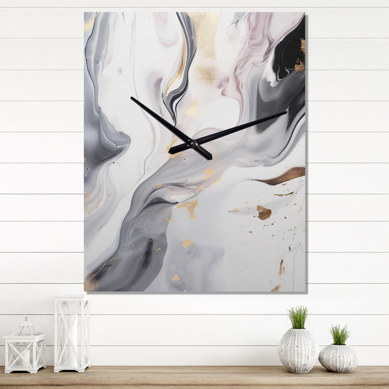 Blanc et gris ondulations de pierre I - horloges murales abstraites en marbre, H 32 po x l 16 po x P 1 po
